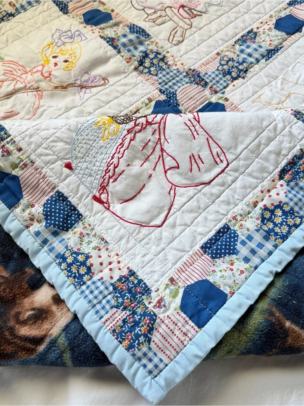 Vintage Embroidered Nursery Quilt Baby Blanket 38x38 Fleece Back Storybook
